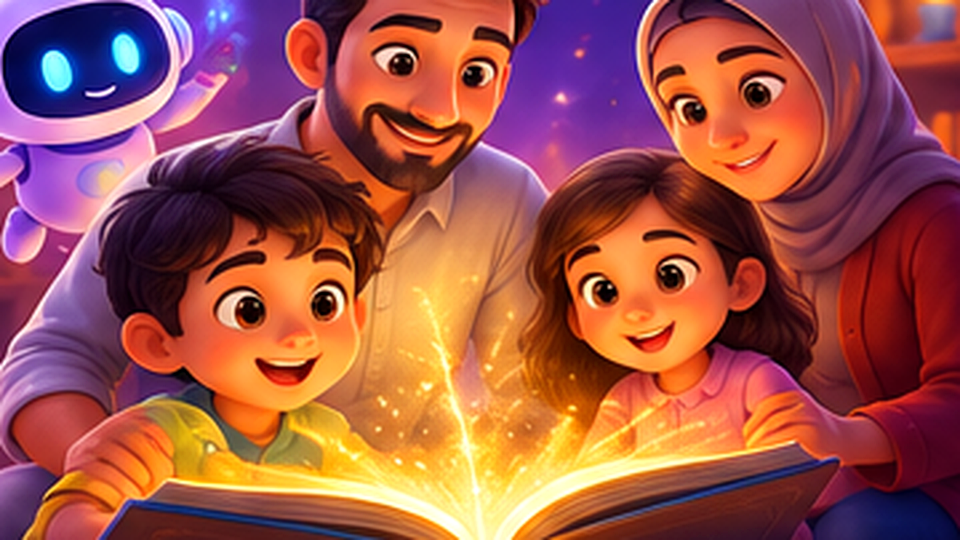 A parent and child discovering a glowing illustrated story world together