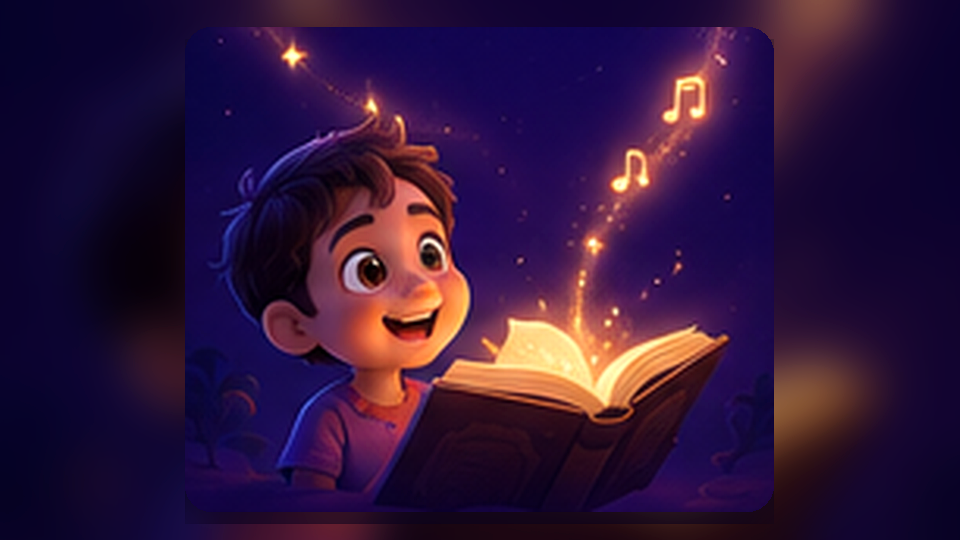 A child looking into a glowing illustrated storybook
